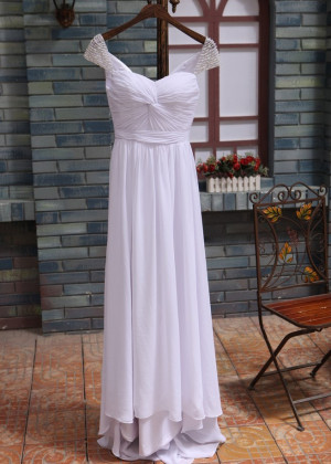 Beaded Cap Sleeves White Chiffon Pleated Wedding Dress